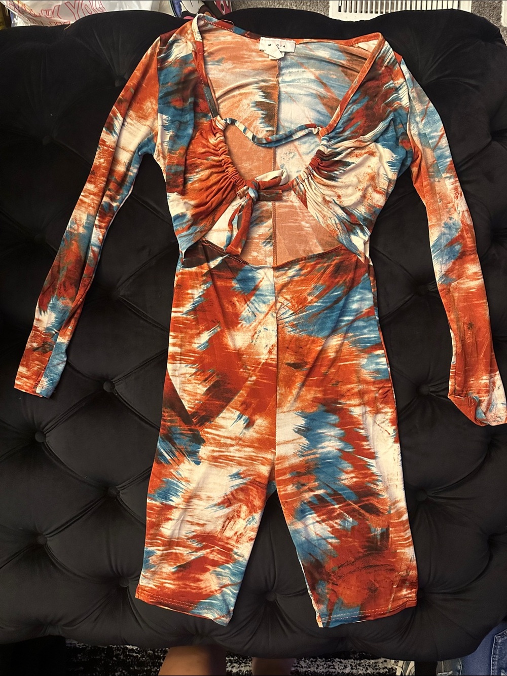 Tie-Front Cutout Jumpsuit in Rust, Blue & Cream